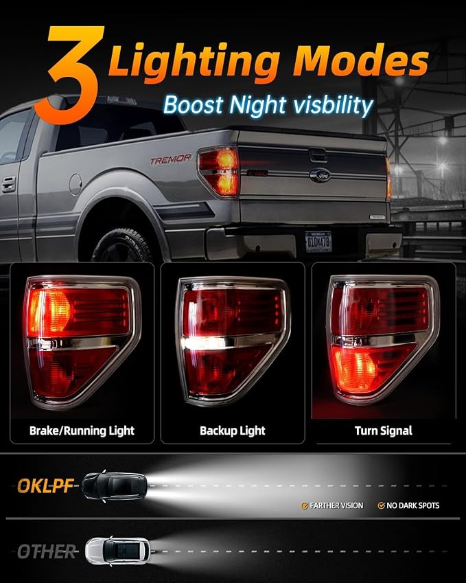 OKLPF Rear Brake Tail Lights Compatible With 2009 2010 2011 2012 2013 2014 Ford F150 F-150,Replace Silver Taillights Assembly Red Chrome Tail Lights,Not Included Bulbs,Right Passenger Side
