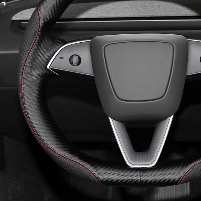 MEWANT Hand Stitch Black Matte PU Carbon Fiber Faux Leather Steering Wheel Cover for Tesla Model 3 Highland 2024-2026 Model Y Juniper 2025-2026