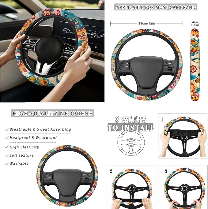 Boho Floral Butterfly 15 PCS Car Seat Cover Set with Auto Steering Wheel Cover Seat Belt Strap Protector Cup Holder Trash Bag Rear View Mirror Protector Keychain