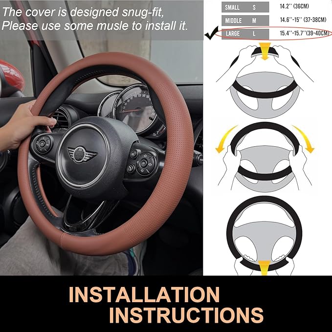 PINCTROT Large Size Nappa Leather Steering Wheel Cover, Slim Fit No Bulk Design, One Piece Leather with Breathable Perforation, Fit Like Gloves, 15.5-15.75 Inch(Nappa Brown)