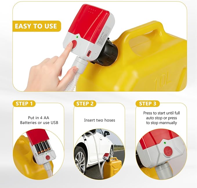 Automatic Fuel Transfer Pump with Auto-Stop, 3.8 Gallon per Min, 51'' Extra Long Hose,Battery or USB Powered, 4 Can Adapters, Fast and Safe Portable Gas Can Pump for Oil, Diesel,Gasoline.