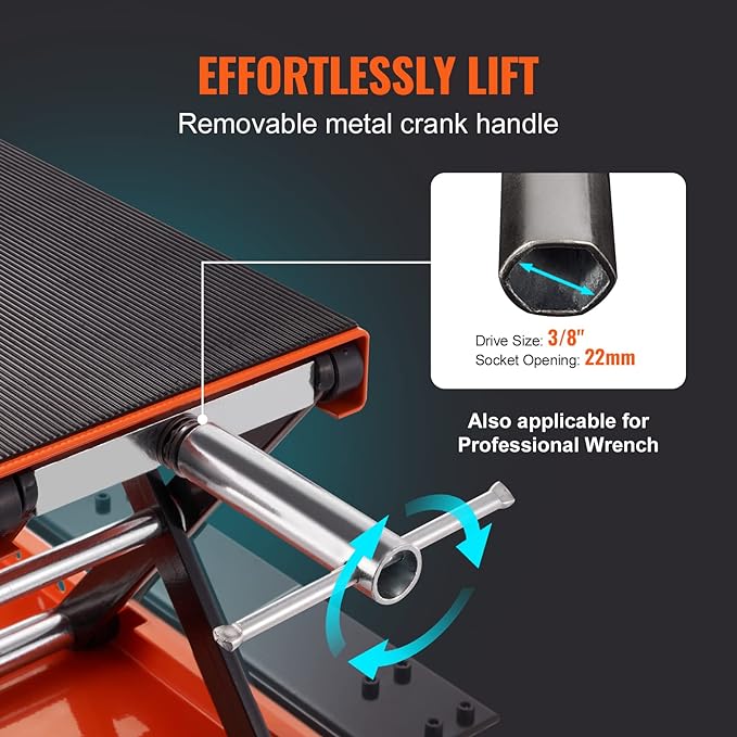 VEVOR Motorcycle Lift, 1100 LBS Motorcycle Lift ATV Scissor Lift Jack with Dolly & Hand Crank, Center Hoist Crank Stand with Wide Deck & Tool Tray for Street Bikes, Cruiser Bikes, Touring Motorcycles
