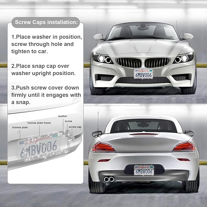 QUANQIUFEI 2 Pack Bling License Plate Frames for Women, Sparkly Rhinestone Diamond Car Accessories with Glitter Crystal Caps (Silver)