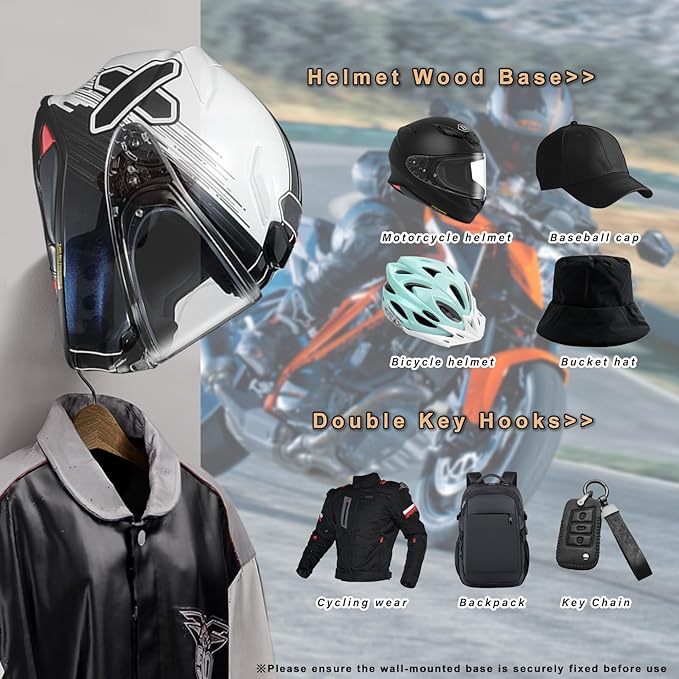 Motorcycle Helmet Holder Wall Mount - Heavy Duty Helmet Hanger Rack with 2 Key Hooks, Solid Wood & Strong Steel Design for Bike, Football, Skiing Sports Gear, Jackets & Hats (2)