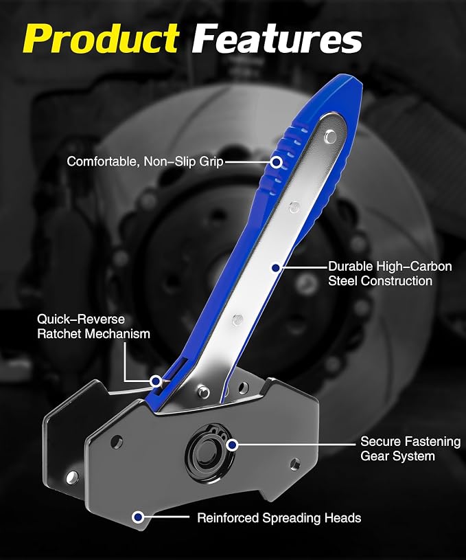 Brake Caliper Compression Tool,360° Swing Ratchet Switch With Additional 2 pcs Large Steel Plate and 2 Hooks&Nylon Grip Work Gloves for Single/Twin/Quad Piston,Disc Brake Repair/Car,Truck,SUV(Blue)