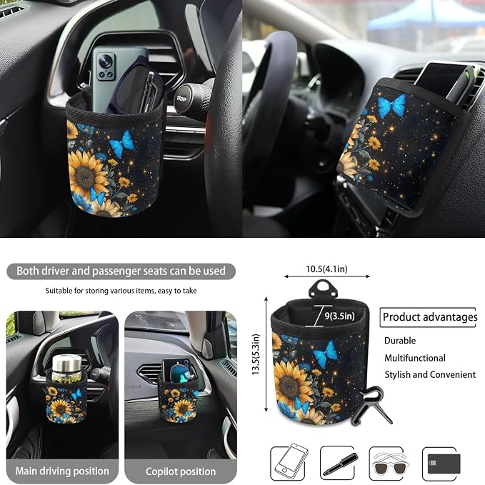 Sunflower Butterfly Pattern 10 Pieces Car Accessories, Auto Seat Covers Full Set Steering Wheel Cover Cup Holders Car Garbage Can Air Vent Storage Bag Keychains Universal Fit for Most Cars