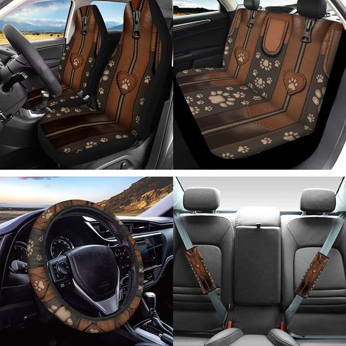 Lotusorchid Animal Paw Print Car Seat Covers Full Set of 16, Comfy Car Front and Rear Seat Covers and Armrest Cover, Anti-Dust Decorative Automobile Interior Set