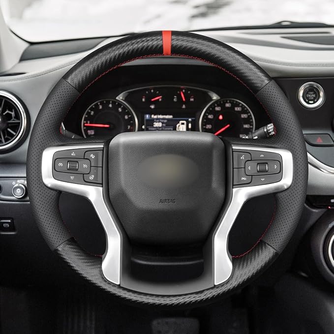 MEWANT DIY Black PU Carbon Fiber Real Leather Steering Wheel Cover for Chevy Silverado 1500 2500 Suburban Tahoe Blazer