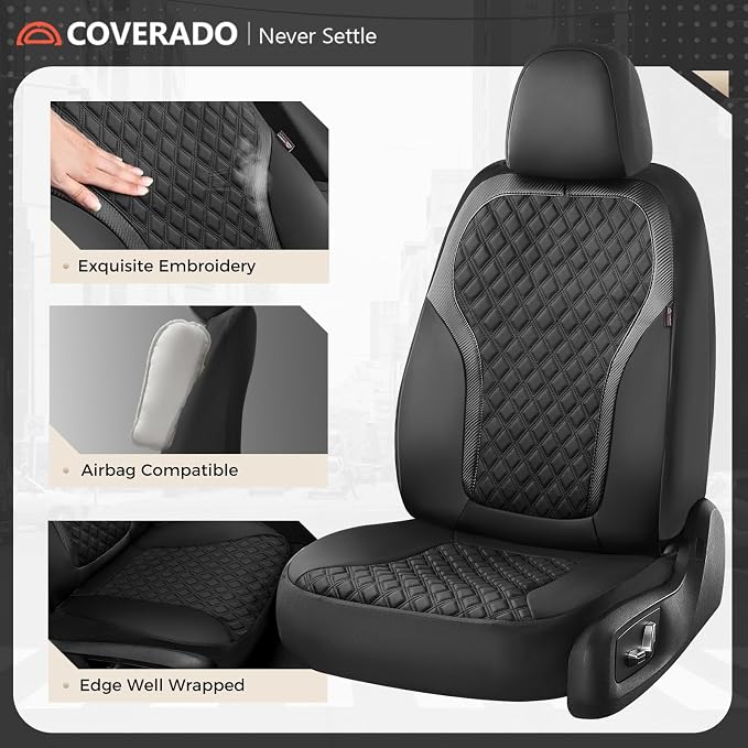 Coverado Front Seat Covers, 2-Pack Luxury Diamond Leather Car Seat Cover with Carbon Fibre Weave, Spill-Proof Driver Car Seat Protectors, Waterproof Seat Covers Universal Fit for Most Cars, Black