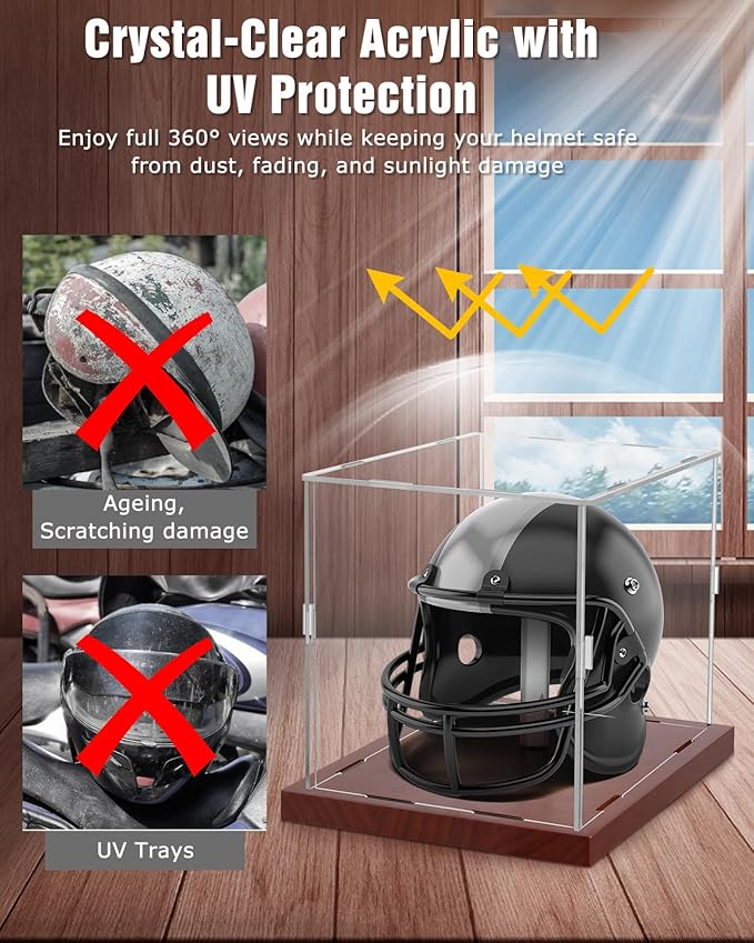 Fitense Mini Helmet Display Case - 7.1×5.3×5.9in Interior, 100% Wooden Base, Fits Football/Baseball Mini Helmets & Collectibles, High-Transparency Acrylic with UV Protection