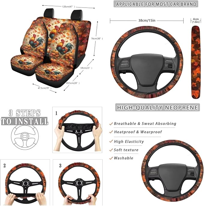 Suobstales Rooster Chicken Pumpkin Maple Leaves Print 13 PCS Car Accessories Thanksgiving Decor Car Seat Covers Steering Wheel Cover Coasters Keychains Trash Bin Seat Belt Pads Rear View Mirror Cover