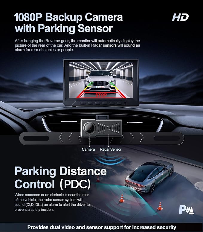 1080P Backup Camera with Backup Sensors Parking Distance Control (PDC) System, Back up Camera Waterproof Clear Night Vision Rear View Camera with 7'' Monitor for Cars/Truck/SUV/RV/Van/Trailer