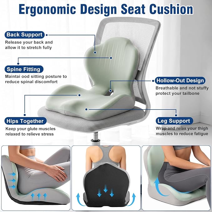 Car Seat Cushion with Lumbar Support Pillow, Memory Foam Office Chair Cushion for Back Pain Sciatica Pain Relief, Ergonomic L-Shaped Seat Cushion for Car Truck Driving Office Chair Home (Green Gray)