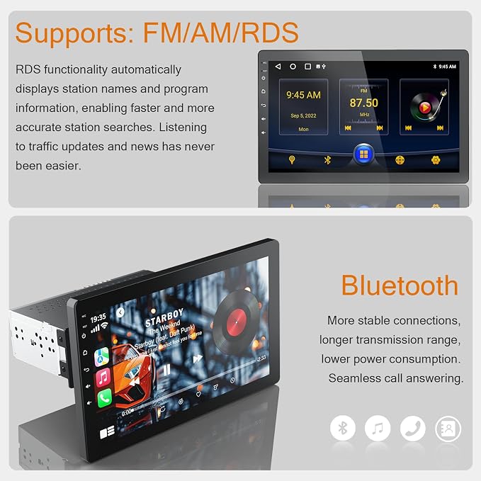 Haudio 10.1 Inch Single Din 360° Rotatable Car Stereo,Support Wireless CarPlay and Android Auto,with 1080P Rear Camera,Mirror Link|Bluetooth|Music Play|AUX|FM/AM|SWC|RDS,Single DIN Car Stereo Radio
