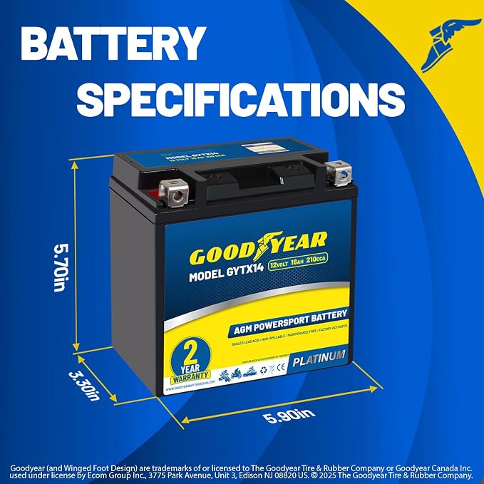 Goodyear GYTX14-12 Volt 16 AH, 210 CCA, Rechargeable High-Performance, Maintenance Free, SLA - AGM Battery for Motorcycle, ATV, UTV, 4-Wheeler, Snowmobile, Watercraft and more!