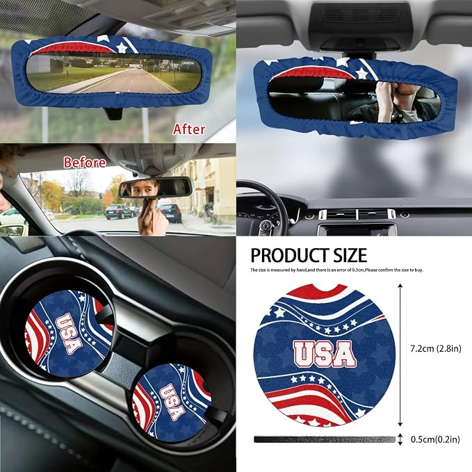 American Flag Print Full Set Car Seat Covers with Steering Wheel Cover Armrest Cushion Safety Belt Pads Car Rearview Mirror Cover Gear Shift Knob and Handbrake Covers Trash Bag