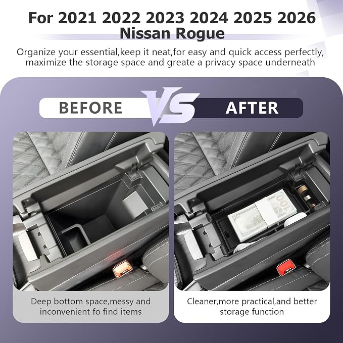 LUWU 2025 2026 Rogue Center Console Organizer for 2021 2022 2023 2024 2025 2026 N issan Rogue Accessories Armrest Console Storage Box Insert Tray ABS Material Black-trim