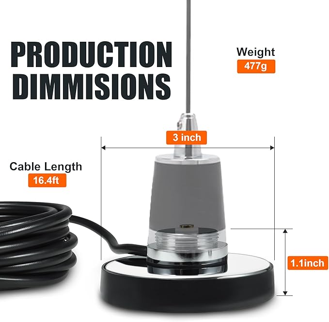 BASIKER CB Antenna NMO Magnetic Base Mount SO239, PL-259 Plug W/5M(16.4ft) RG58 Coaxial Cable, Heavy Duty Magnetic VHF/UHF Mobile Ham Radio Antenna Mount for Truck RV SUV Bus Marine