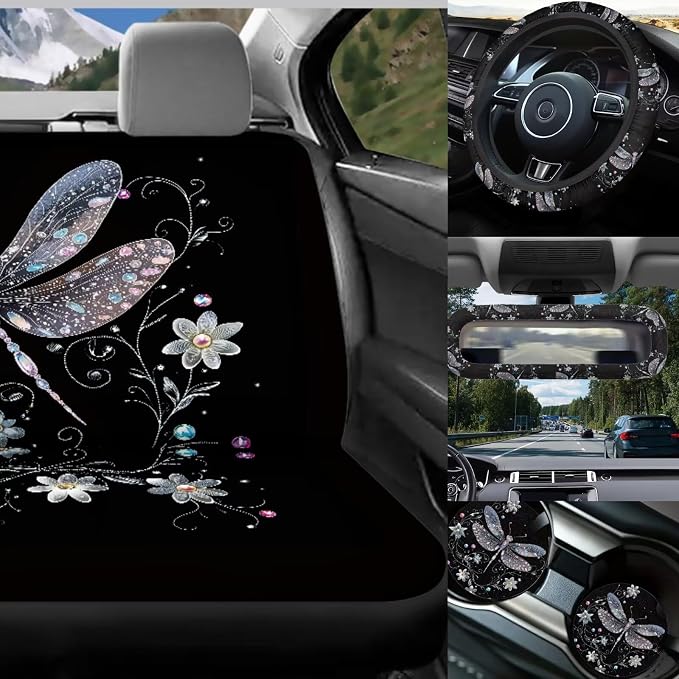 Dragonfly Car Seat Covers Full Set 17 Pieces for Women Dragonfly Car Accessories with Steering Wheel Auto Covers,Car Headrest Cover,Auto Trash Can Bin for Back Seat Leak Proof,Universal Fit