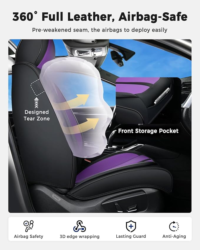 Huidasource Leather Seat Covers Luxury Nappa Leather, Seat Covers for Cars with Velcro Adjustable, Airbag Lumbar Support Cooling＆Heating, Seat Covers for SUV Fit for Most Cars SUV Trucks, Black＆Purple