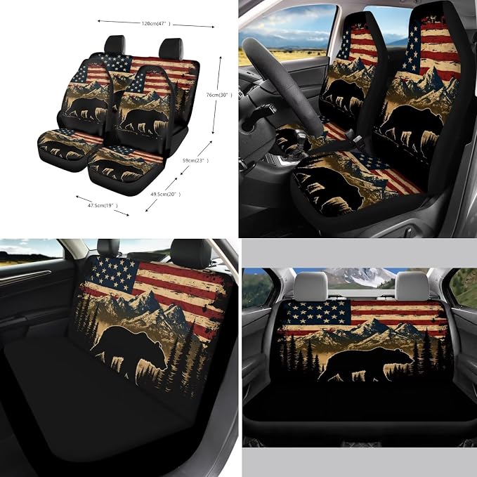 Suobstales Bear Mountain American Flag Print Car Accessories with Car Front Rear Split Seat Covers, Seat Belt Pads + Steering Wheel Cover + Coaster + Keyrings for Women Men Set of 11-Pcs