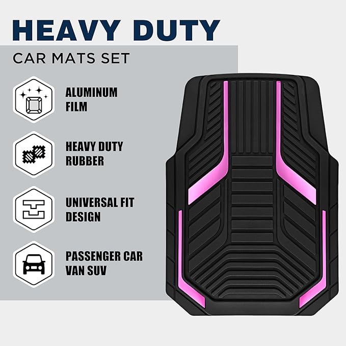 PIC AUTO Heavy Duty Rubber Floor Mats, Pink Aluminum Film Car Mats Set, Front and Rear Car Mats with Anti-Slip Backing, All Weather Protection, Trim-to-Fit for Automotive SUV, Sedan, Van