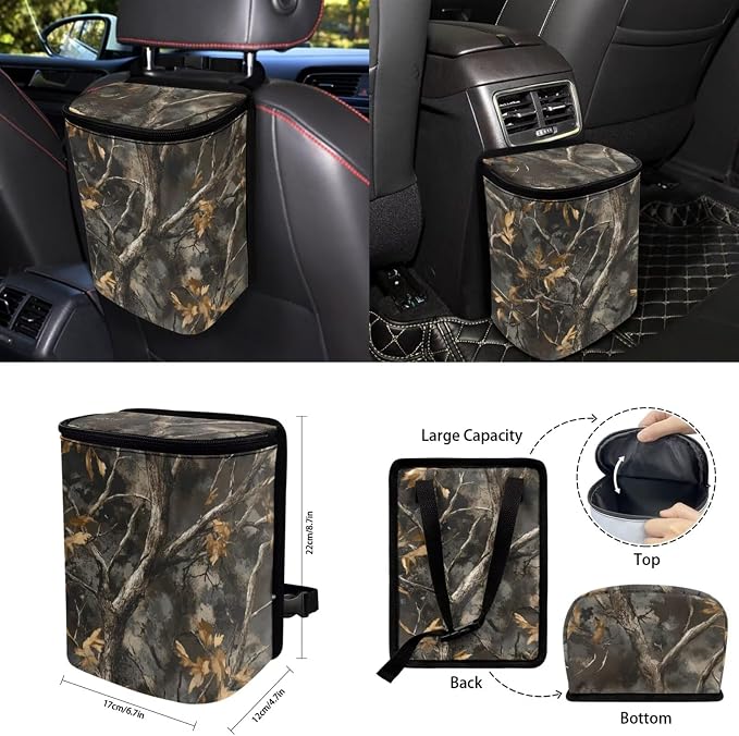 Camo Maple Leaf Car Seat Covers Front Rear Full Set with Steering Wheel Rearview Mirror Cover Seat Belt Pads Coasters Trash Bin Coasters Key Ring, 15 PCS