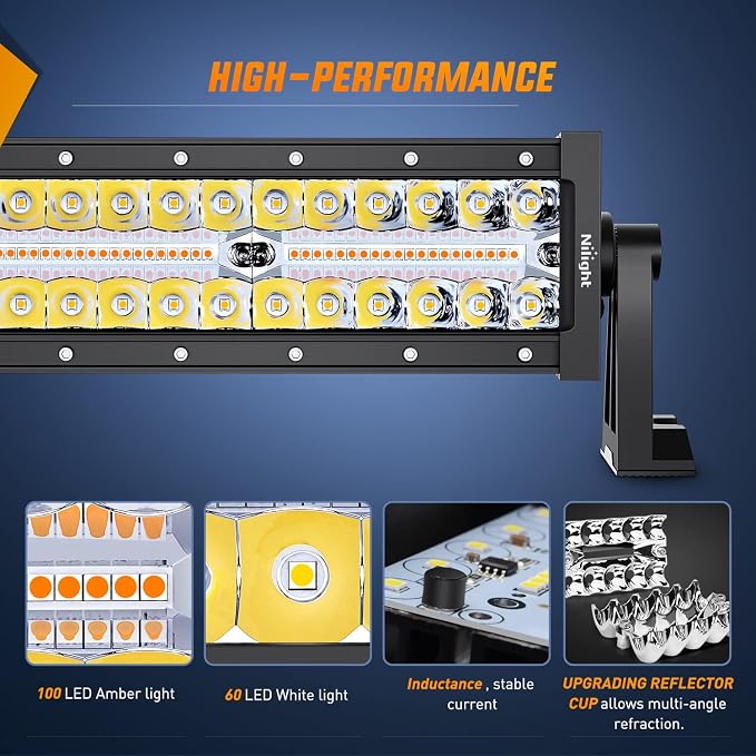 Nilight 22Inch 480W LED Light Bar 2PCS 4Inch 60W Light Pods Amber White Strobe 6 Modes Memory Function Reset Function Off Road Truck with 16AWG Wiring Harness Kit-3 Leads