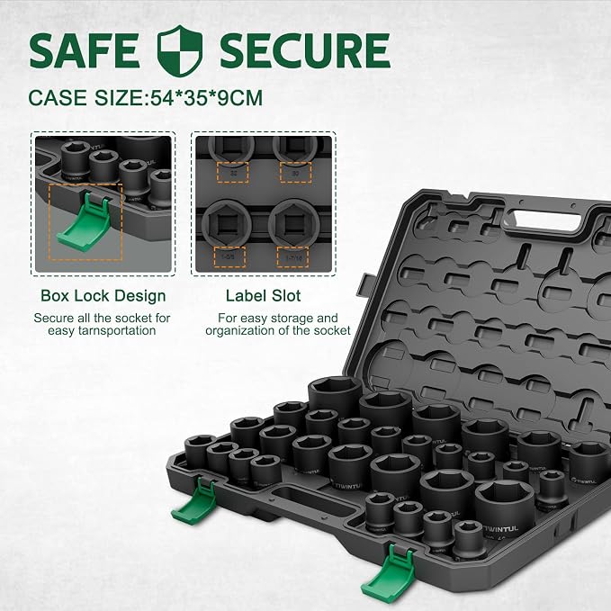 3/4” Impact Socket Set 30 PCS, SAE 11/16” - 2” & Metric 17-60mm | 6-Point Design, CR-MO Steel, Rugged Construction, Heavy Duty Large Impact Sockets for Construction & Agricultural Machinery