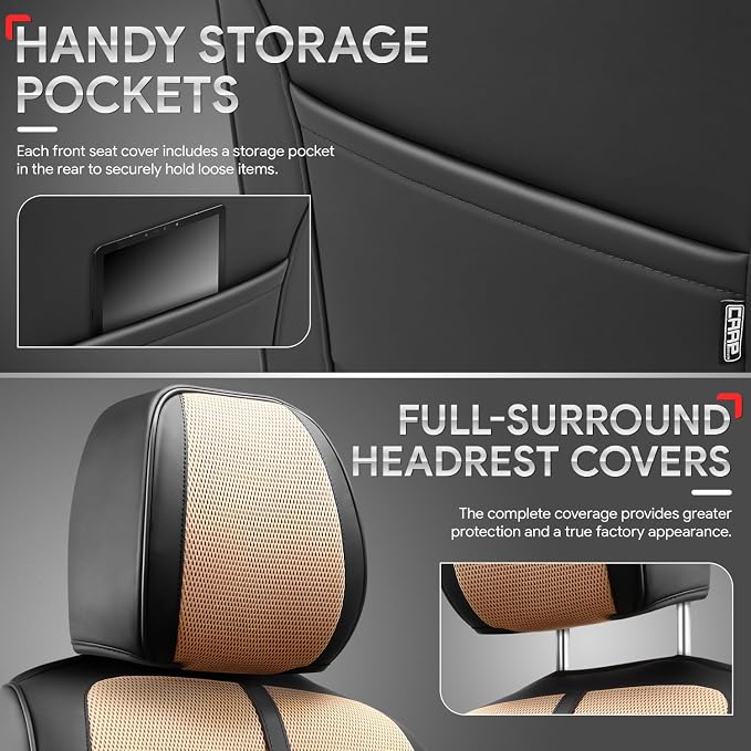 Sport Series Leatherette Front Row Set Seat Covers Universal for Cars Trucks SUV, Beige/Black, CA-SC-Sport-F-BE