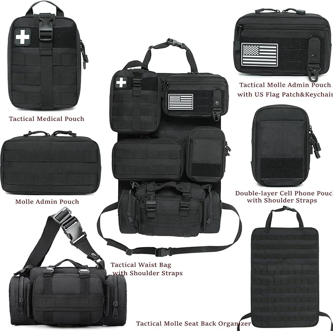 6 Pack Tactical Molle Car Seat Back Organizer - Tactical Vehicle Panel Organizer with 5 Detachable Molle Pouch,US Flag Patch and Keychain,Car Backseat Organizer,Great Trunk Accessories for Man