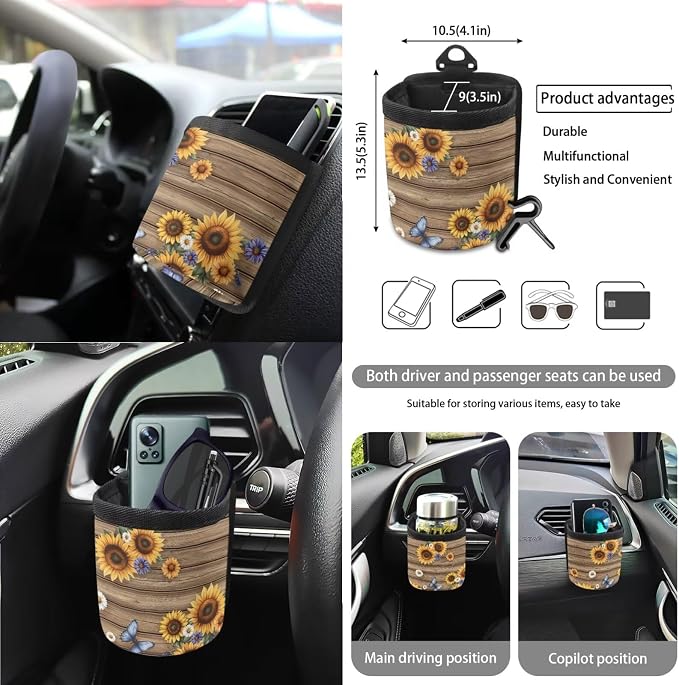 Wood Sunflower Daisy Butterfly Print Full Set Seat Covers, Auto Streering Wheel Cover, Trash Bin, Seat Belt Cover, Keychain, Air Vent Bag, Coasters, Set of 15