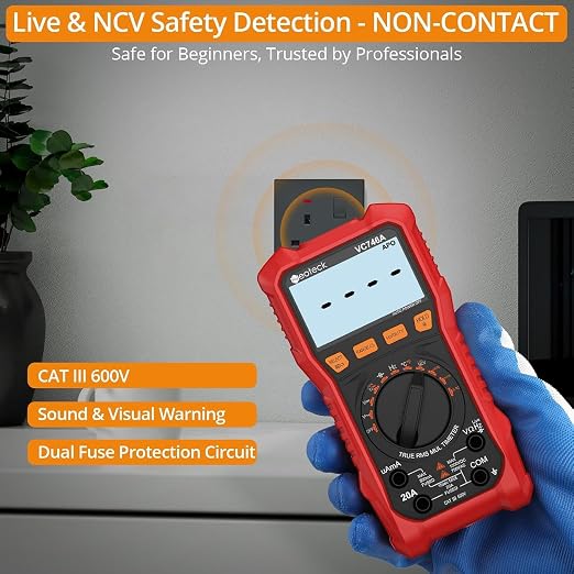 Neoteck 6000 Counts Digital Multimeter for DC AC Voltage/Current TRMS Voltmeter with Test Probe Auto Range Multimeter with NCV Live for Temperature Capacitance Resistance Diode Continuity Red