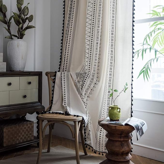 ColorBird Boho Curtains 84 Inches Length Modern Farmhouse Decor Black and White Striped Geometric Aztec Western Window Treatment Cream Curtain & Drapes 2 Panels for Living Bedroom Dining Room
