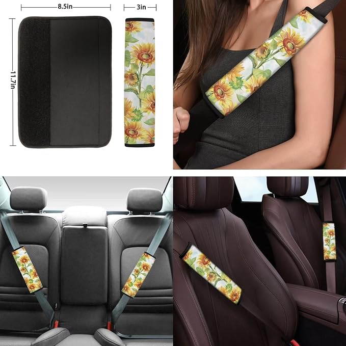 Suobstales Art Flowers Seat Cover for Car for Women Sunflower Car Accessories Set of 11-pcs with Steering Wheel Cover, Seatbelt Covers, Auto Cup Holder Coasters, Floral Keychain