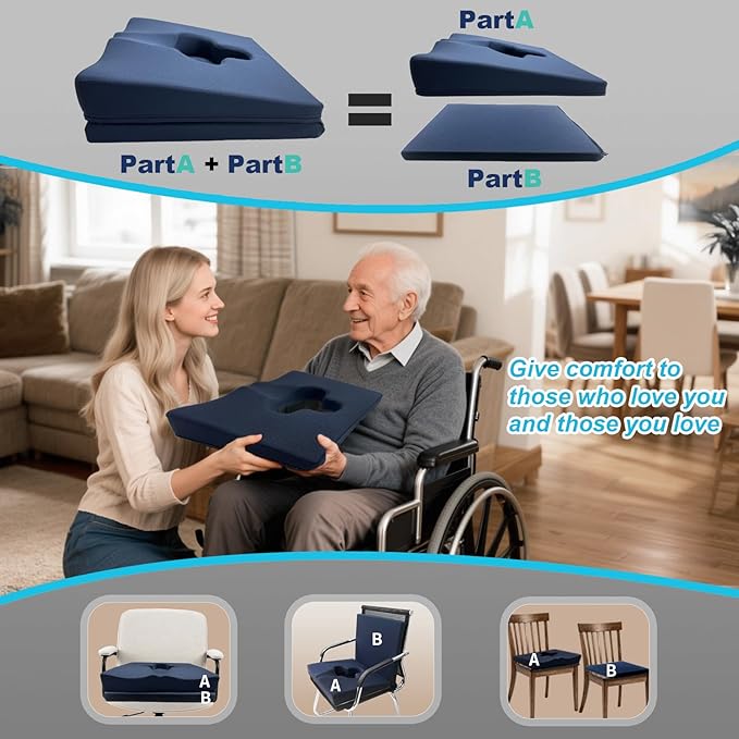 Gel Wheelchair Seat Cushion,Bed Sore Cushions for Butt,Office Chair Pressure Sore Cushion,Hemorrhoid Pillow,Memory Foam Pillow for Bed,Sciatica,Coccyx,Pressure Ulcer Pain Relief(Set Blue)