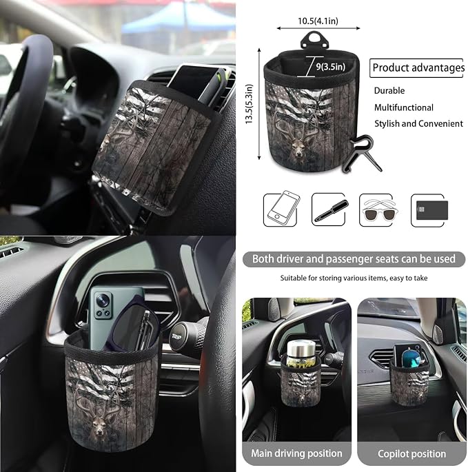 Deer Wood American Flag Pattern 15 PCS Car Interior Accessories, Car Seat Covers + Steering Wheel Cover + Seat Belt Pad + Trash Can + Keychain + Air Vent Storage Bag + Coasters