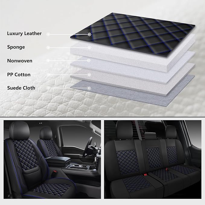 F150 Seat Covers 2015-2026 Full Set, Truck Interior Sets with Lumbar Support Custom Fit for Ford F150 2015-2026, F250/F350/F450 2017-2026 Super Duty Crew Cab XLT XL Lariat Platinum, BlackBlue