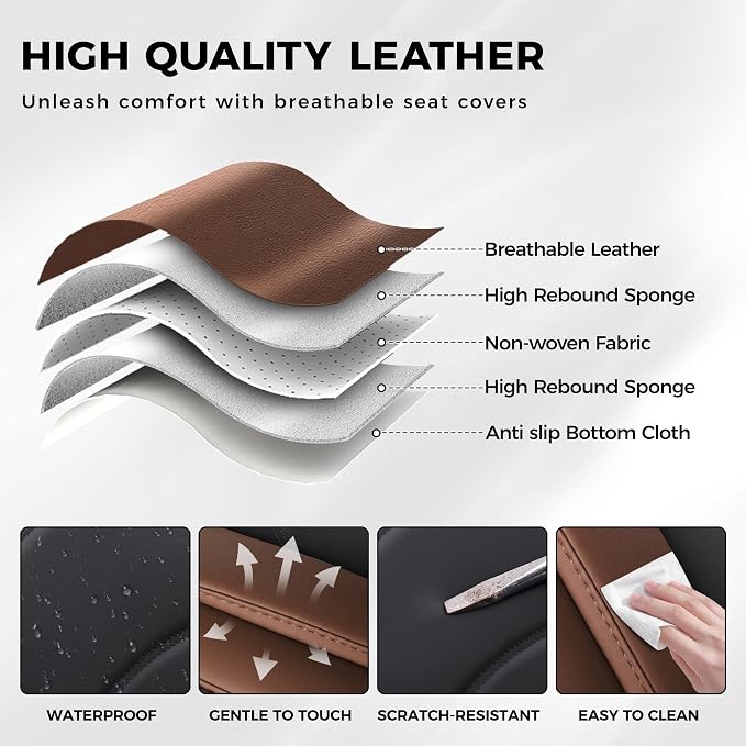 otoez Car Seat Covers Full Set, 5 Seats Waterproof Universal Leather Seat Cover for Cars, Front Rear Automotive Interior Protectors Full Coverage for Most Cars Sedens Trucks SUVs, Black+Brown