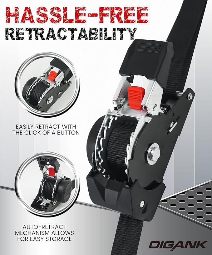 1" x 6' Retractable Ratchet Straps, 1600 lbs Break Strength, Heavy Duty 4 Pack, Self Retracting Tie Downs with S Hooks, DOT Approved for Durable Strapping for Trailers, Trucks, Boats, and Cargo