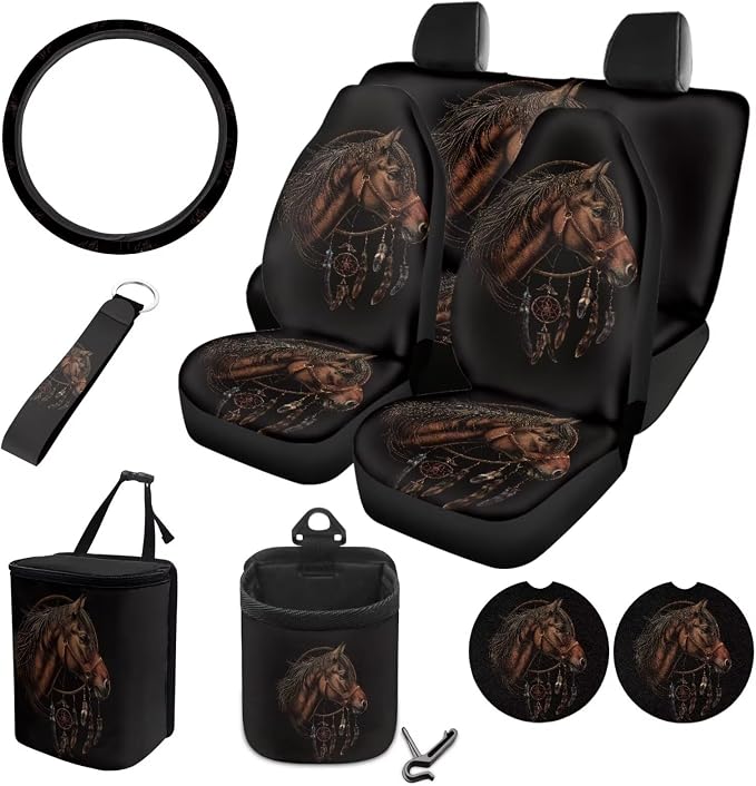 Horse Dreamcatcher Pattern Auto Seat Covers Full Set 10pcs Car Accessories Front and Back Seat Covers Car Trash Can Steering Wheel Cover Air Ven Storage Bag Keychain Cup Coasters