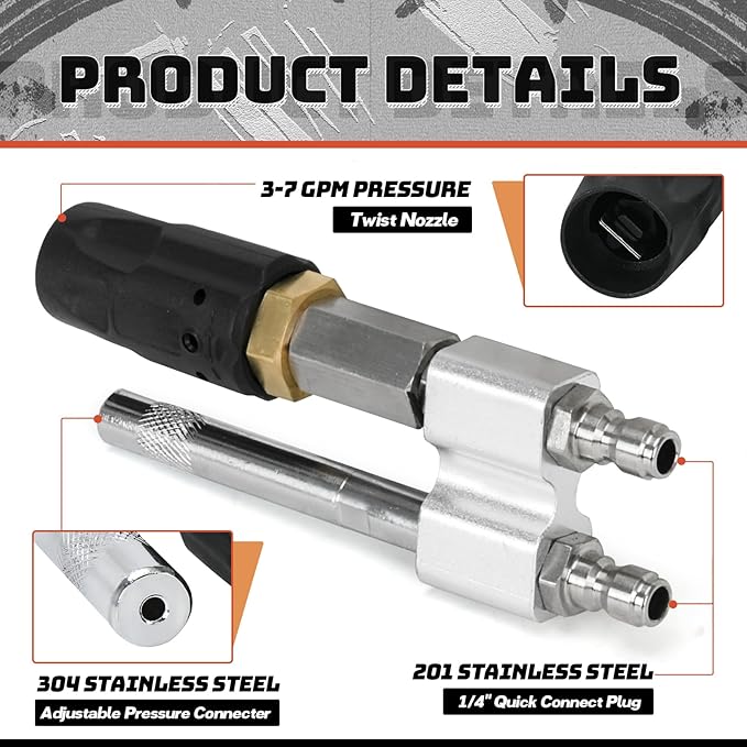 2-in-1 Downstream Soft Wash Nozzle, Adjustable Shooter Tip M5 Twist Nozzle, 0-60° Spray Pattern with 1/4" Quick Connect for 3-7 GPM 1700-6000 PSI Pressure Washer