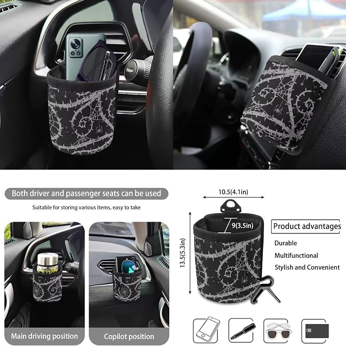 Butterfly Spider Web Pattern 10 Pcs Car Seat Covers Full Sets Breathable Car Seat Protector + Steering Wheel Cover + Air Vent Storage Bag + Trash Can + Coaster + Wristlet Keychain