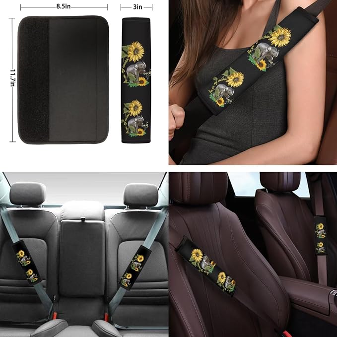 Suobstales Sunflower Car Accessories Elephant Seat Covers for Cars for Women Full Set with Steering Wheel Cover + Seat Belt Covers Shoulder Pads + Coasters + Keychains Interior Cover Set of 11