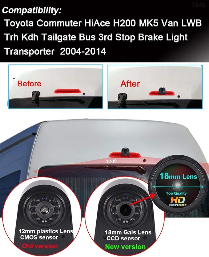 HD 1280x720 Pixels 1000 TV Lines 3rd Brake Light Reversing Camera Brake lamp Parking Camera for Toyota Commuter HiAce H200 MK5 Van LWB Trh Kdh Tailgate Bus 3rd Transporter 2004-2014 Waterproof