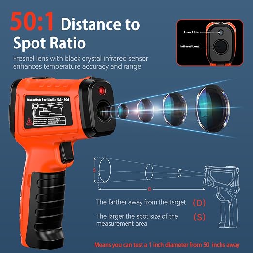 Infrared Thermometer Gun, -58°F to 2732°F, Dual-Mode 50:1 | 932°F K-Type Probe Included，Protective Tool Case Included，Industrial HVAC & Equipment Diagnostics