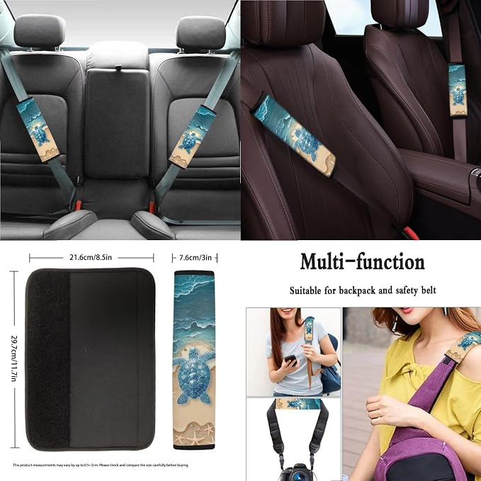 Suobstales Beach Turtle Starfish Print Car Accessories Car Seat Covers for Women Full Set with Steering Wheel Cover + Seat Belt Covers Shoulder Pads + Coasters + Keychains Interior Cover Set of 11