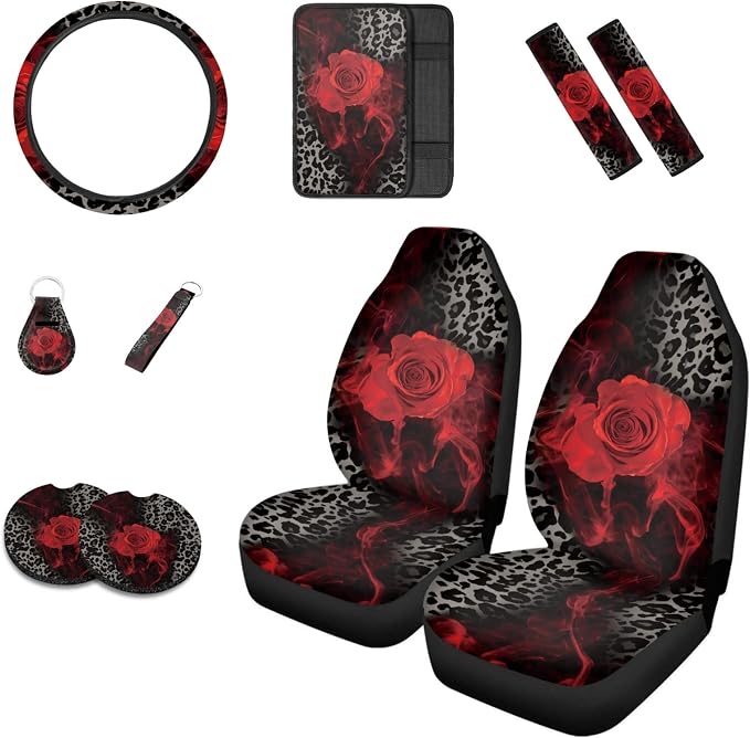 Howilath Red Rose Flowers Leopard Print Car Front Seat Covers, 10pcs Car Front Seat Covers/Steering Wheel Cover/Seatbelt Pads/Keychain/Armrest Cushion/Coasters Vehicle Seat Protector Accessories