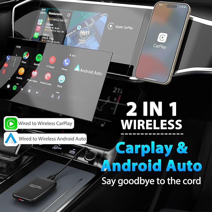CarPlay Wireless Adapter & Android Auto Adapter,2025 Upgrade Convert Wired to Wireless CarPlay Adapter, Magic Video AI Box 3.0 Support YouTube Netflix TF Card Compatibility with iOS 10+/Android 11+