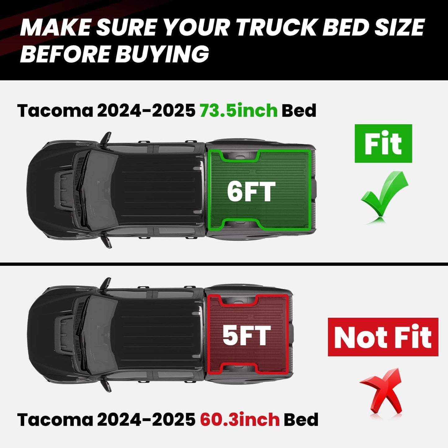 LASFIT Bed Mat for Toyota Tacoma (6FT,73.5''Bed) 2023 2022 2021 2020 2019-2005 Truck Bed 6 ft, All Weather TPE Car Bed Liner for Toyota Tacoma Accessories Truck Mat &Cargo Liner, Black